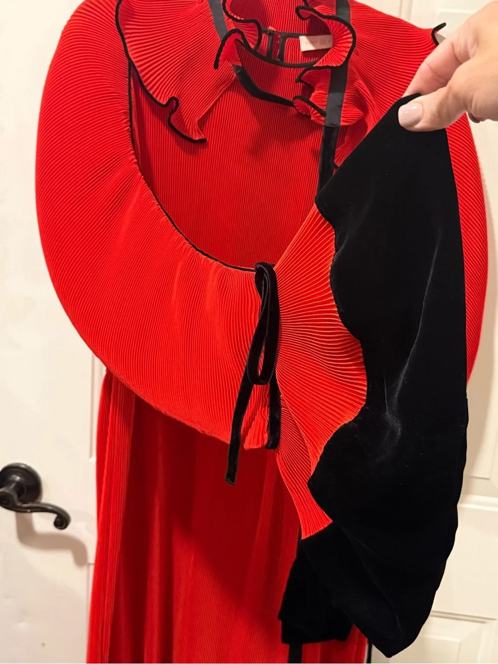 Tory Burch Red and Black Long Sleeve Pleated Ruffle Midi Dress